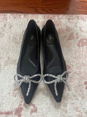 Zara Black Pointed Flats with Silver Crystal Bow Accent